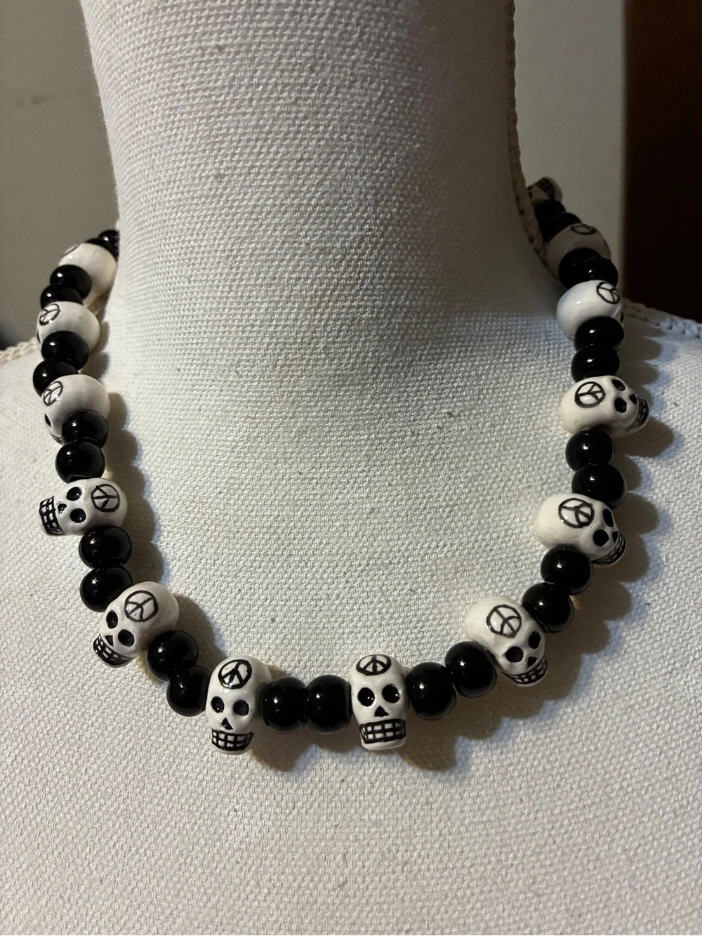 Handcrafted Black and White Skull Bead Necklace
